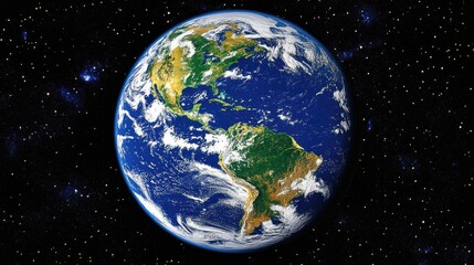 Fototapeta premium Vivid depiction of Earth from space highlighting realistic land and water features against a stunning cosmic backdrop with scattered stars