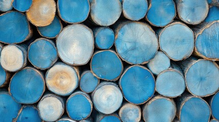 Vibrant blue log wall showcasing a detailed wooden texture with circular cut patterns, offering a spacious area for text or design integration.