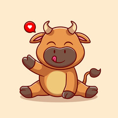 Cute Bull Sitting And Waving Hand Cartoon Vector Icon 
Illustration. Animal Nature Icon Concept Isolated Premium 
Vector. Flat Cartoon Style