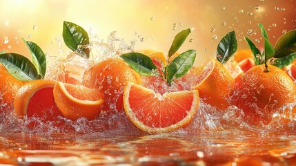 Fresh orange slices surrounded by a splash of juice, capturing the vibrant essence and refreshing energy of citrus fruit.