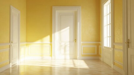 Obraz premium Bright yellow room featuring an open white door and large window, with warm sunlight streaming in, creating an inviting and spacious atmosphere.