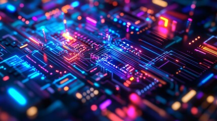 Obraz premium Abstract Neon Circuit Board: Glowing Technology - Vibrant, close-up view of a futuristic circuit board with glowing neon lines, symbolizing technology, innovation, connection, speed, and data.