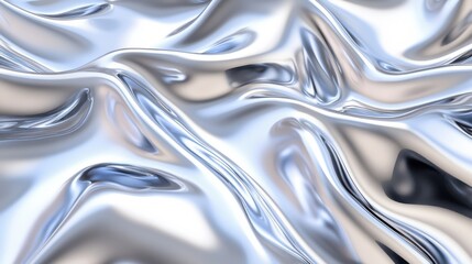 A shimmering, reflective surface of crumpled silver fabric creating a dynamic and fluid visual effect.