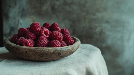 Vibrant fresh raspberries piled in a rustic wooden bowl resting on a textured tabletop with a soft cloth, evoking a natural, wholesome feel.