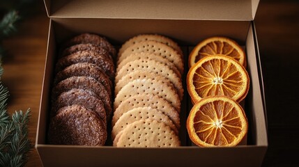 Festive Gift Box Containing Assorted Cookies and Dried Orange Slices Perfect for Holiday Sweet Hampers for Both Adults and Kids