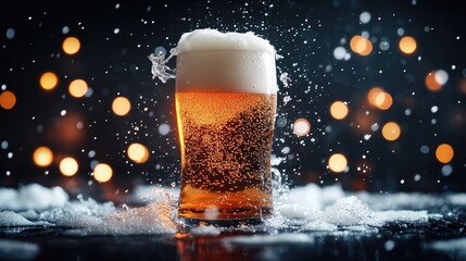 Foamy lager beer splashing in a glass with vibrant bubbles and bokeh lights in the background, creating a festive and celebratory atmosphere.