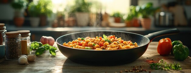 Obraz premium Freshly Cooked Colorful Vegetable Medley in a Frying Pan on a Wooden Table with Natural Light Illuminating a Cozy Kitchen Environment