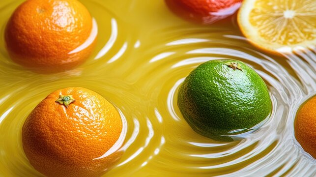 Citrus fruits floating in yellow water, creating concentric circles and ripples, evoking a refreshing summer vibe with ample copy space.