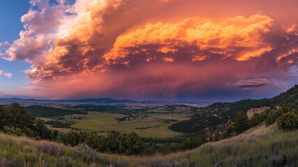 Obraz premium Breathtaking sunset illuminating a dramatic mountain landscape with vivid clouds and lush, green hills under a colorful sky.