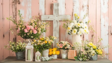 Fototapeta premium Spring Floral Arrangement Featuring Vibrant Blooms and Rustic Wooden Cross on Weathered Pink Wood Background