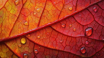 Fototapeta premium Close-up of Vibrant Red Leaf with Water Droplets Reflecting Light, Showcasing Intricate Veins and Textures of Nature's Beauty