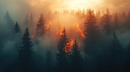 Wildfire engulfing a dense forest with flames and smoke, showcasing the urgent need for ecological conservation and environmental protection efforts