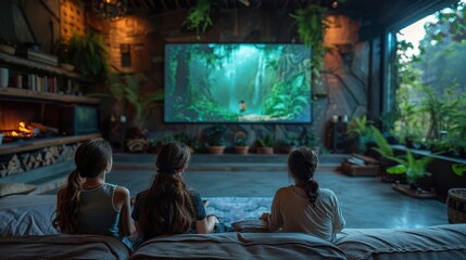 Three children enjoy a magical jungle adventure in a cozy living room filled with greenery. Generative AI