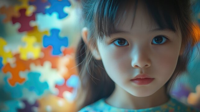 Young girl with expressive eyes in focus, surrounded by a colorful blurred background of puzzle pieces symbolizing autism and child mental health awareness. - Powered by Adobe