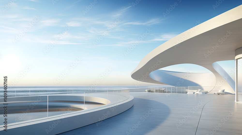 Poster Abstract architecture scene with smooth curves. Abstract background with futuristic building in white and blue colors.