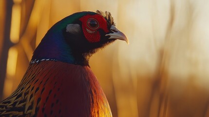 Male Ringneck Pheasant with vibrant plumage illuminated by warm light, gazing thoughtfully to the right in a soft, natural setting.