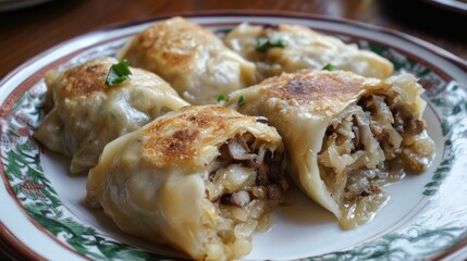Savory Polish dumplings filled with sauerkraut and mushrooms, featuring a golden-brown crispy exterior and garnished with herbs on a decorative plate.