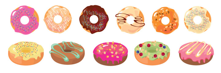 Set of delicious donuts, side view, top view in cartoon style.Vector illustration of donuts with sweet glaze decorated with pastry sprinkles,oatmeal, cranberry, blueberry isolated on white background.