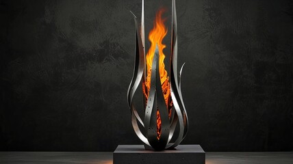 Here's a  and keyword list for your image.. Modern metal fire sculpture with tall flames.