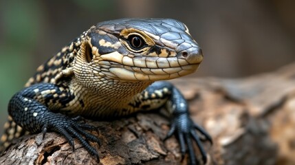 Naklejka premium Close-up view of a striking lizard perched on a textured tree branch, showcasing intricate patterns on its scales and vibrant colors.