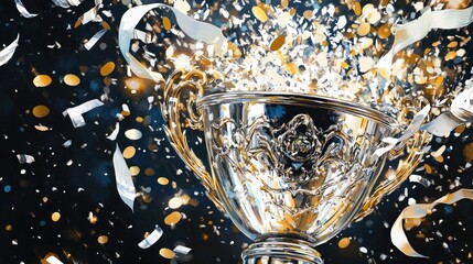 Championship trophy gleaming in gold and silver, surrounded by vibrant chrome confetti and ribbons, featuring a spacious area for personalized messages.