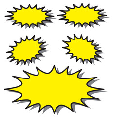 Badge star, sticker starburst shape, sale price tag, colorful sun, circle and oval label, round discount icon isolated on white background.