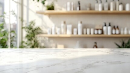 White marble countertop with a softly blurred background showcasing shelves filled with assorted medication and skincare products among greenery.