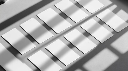 Empty vertical poster and business card mockups arranged in a grid, illuminated by diagonal shadows on a light gray surface for branding and design display.