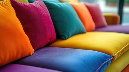 Colorful sofa adorned with vibrant cushions in a modern living room, featuring an empty table surface and a softly blurred background ideal for product display.