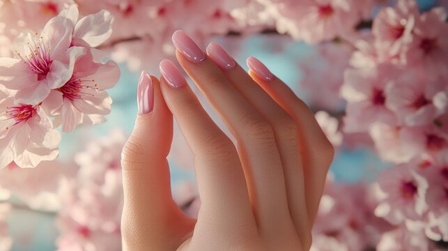Elegant female hand with pink nail polish amidst blooming cherry blossoms highlighting nail extension artistry and expert hand care techniques.