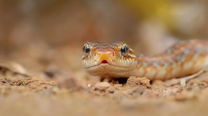 Tree boa snake captured close-up with vivid colors and textures, showcasing its unique patterns and curious expression on dusty ground.