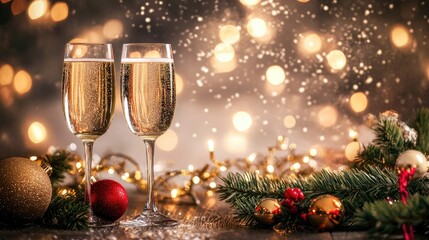 Two elegant champagne glasses ready for New Yearâ€™s celebration, adorned with festive lights, glittering ornaments, and a soft bokeh background.