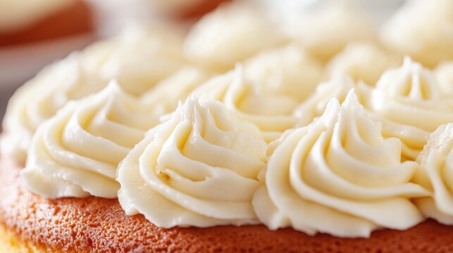 Close-up view of a moist yellow cake adorned with swirls of rich, creamy frosting showcasing a delightful and inviting texture.