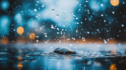 Close-up of shimmering water droplets cascading on a wet surface, set against a serene blue backdrop with reflected light bokeh effects.