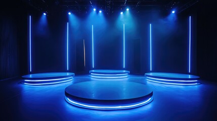 Luminous stage setup with circular platforms illuminated by vibrant blue lights in a darkened venue creating a captivating ambiance.