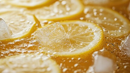 Close-up view of chilled lemon iced tea with fresh lemon slices and ice cubes, showcasing bubbles and a refreshing golden hue.