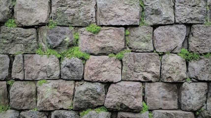 Obraz premium Textured stone wall with green moss growing between rough, weathered stones providing ample space for text or design elements.