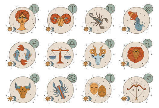 12 horoscope signs. Set of cards with zodiac signs. Astrological zodiac signs in vintage style. Flat vector illustration, eps10