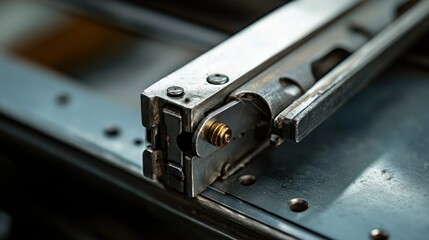Detailed close-up of a metallic hinge on a PVC window, showcasing the interlocking mechanism and intricate metalwork for strong connectivity.