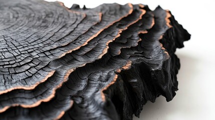 Close-up of textured black bark featuring charred wood with intricate surface details and scratches, resembling a cork-like finish with striking layers.
