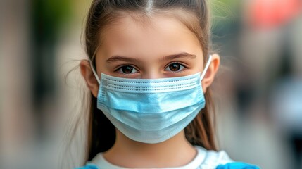 Charming young girl with long hair wearing a protective blue mask, focused gaze, set against a blurred outdoor background.