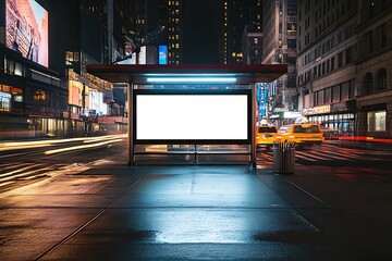Blank Billboard at Night City Bus Stop