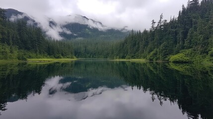 Naklejka premium Mountain enveloped in mist, mirrored in a tranquil lake, bordered by dense coniferous forests, showcasing a mesmerizing natural landscape.