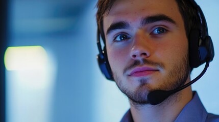 Confident male customer service representative wearing a headset, focused on assisting clients in a modern office setting with soft lighting.