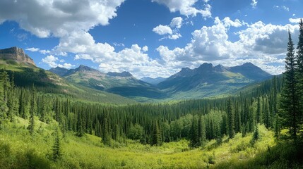 Fototapeta premium Panoramic vista showcasing majestic mountains and vibrant green forests under a dramatic sky filled with fluffy clouds. A breathtaking natural landscape.