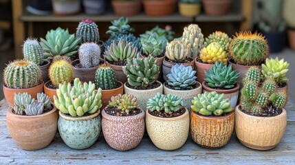 Vibrant display of diverse cacti and succulents arranged in decorative pots, showcasing rich colors and textures of tropical plants.