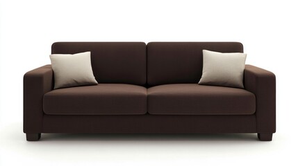 Fototapeta premium Brown Scandinavian style sofa with minimalist design and soft cushions against a clean white background, ideal for a chic modern living space.