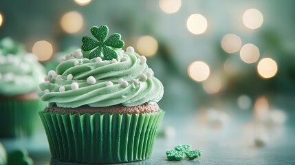 Festive green cupcakes topped with shamrocks, set against a dreamy bokeh background of soft lights, perfect for event menus and holiday promotions.