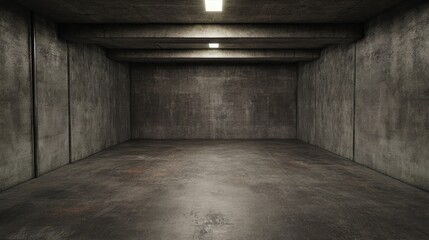 Dimly lit concrete warehouse with gray walls, creating an eerie industrial atmosphere, ideal for gaming environments and abstract themes.