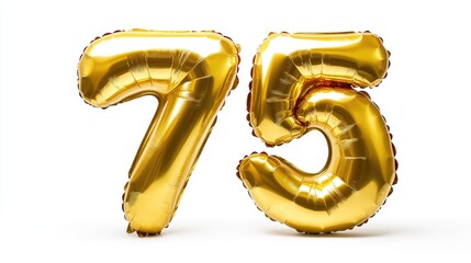Shiny gold inflatable balloon number 75 made of helium-filled foil, perfect for party decorations, anniversaries, birthdays, and celebrations.